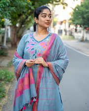 Women Embroidered Cotton Kurta Set with Dupatta Floral Design