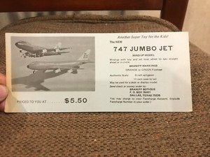 Vintage-1970s Braniff International Boarding Pass-model plane order form-DFW-FSM
