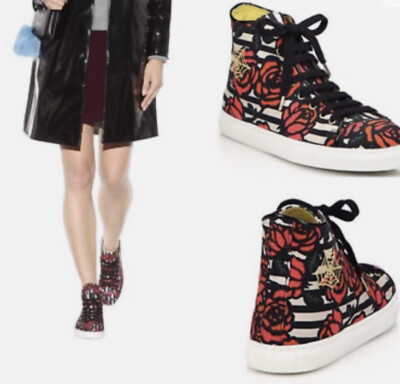 Charlotte Olympia Rose Print Canvas High Top Sneakers SZ 38 MRSP $525.