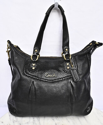 未使用級 COACH Ashley Satchel Handbag 2way COACH Ashley 2 Way Tote Snake Embossed Leather Black Satchel BAG