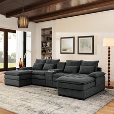 U-Shaped Sectional Sleeper Sofa with Console, 6-Seat Sofa Bed Chaise, Gray