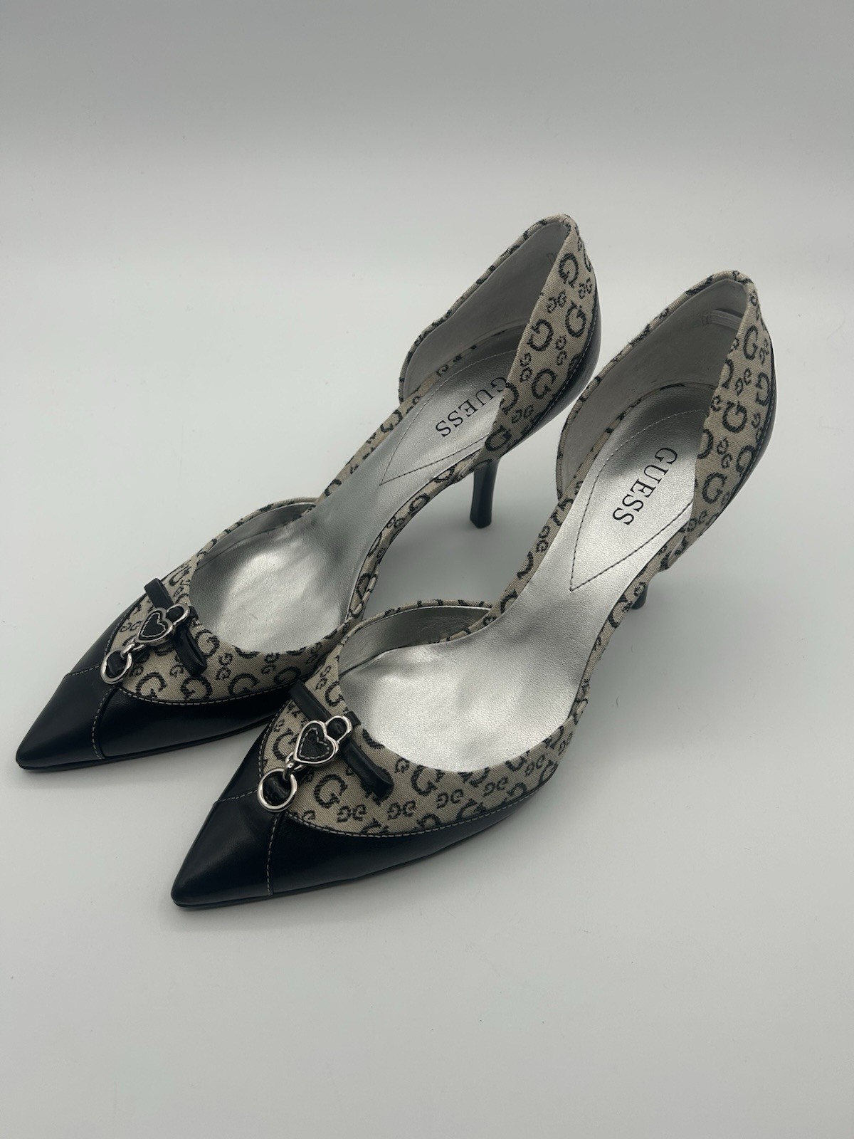 Y2K Guess Pointed Toe Stiletto Heels All Over Logo Sz9.5 M Black & White