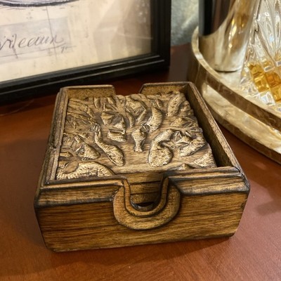 Vintage Hand Carved Botanical Wood Coaster Set W/Hand Carved Holder  Set of 5