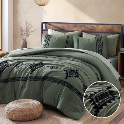 MaiRêve Embroidery Comforter Set, Boho Oversized Queen 7 Piece Dark Olive Green