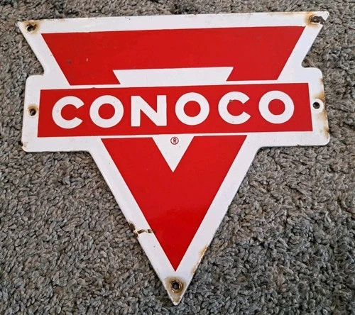 Vintage Porcelain Metal Conoco Triangle Sign 7.5 x 8 INCHES