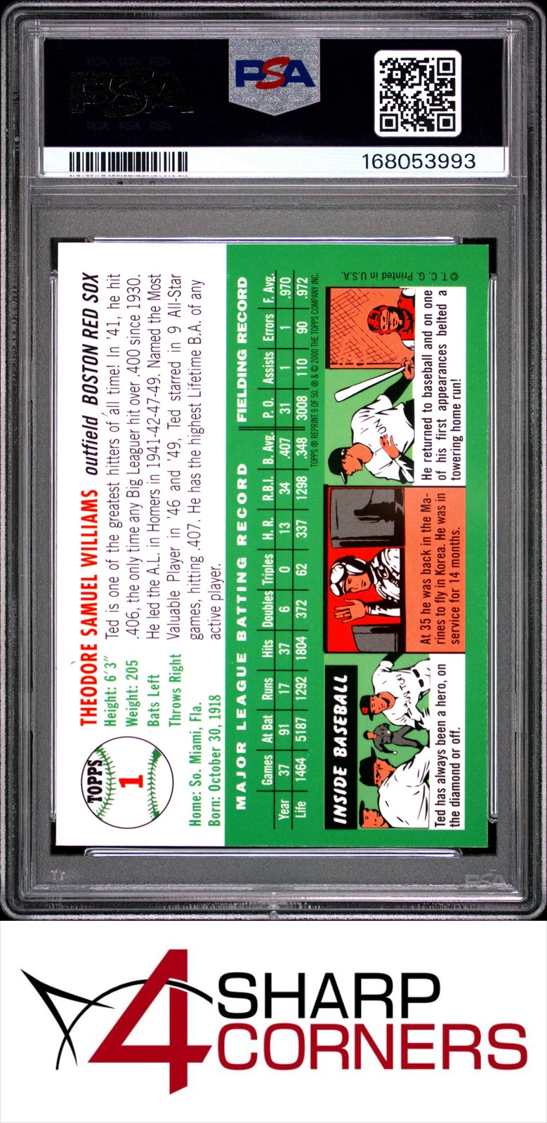 2001 TOPPS THROUGH THE YEARS #9 TED WILLIAMS HOF 1954 PSA 10 view 2