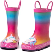 K KomForme Kids Rain Boots with Handles Waterproof Rubber-Rainbow Unicorn Kisses