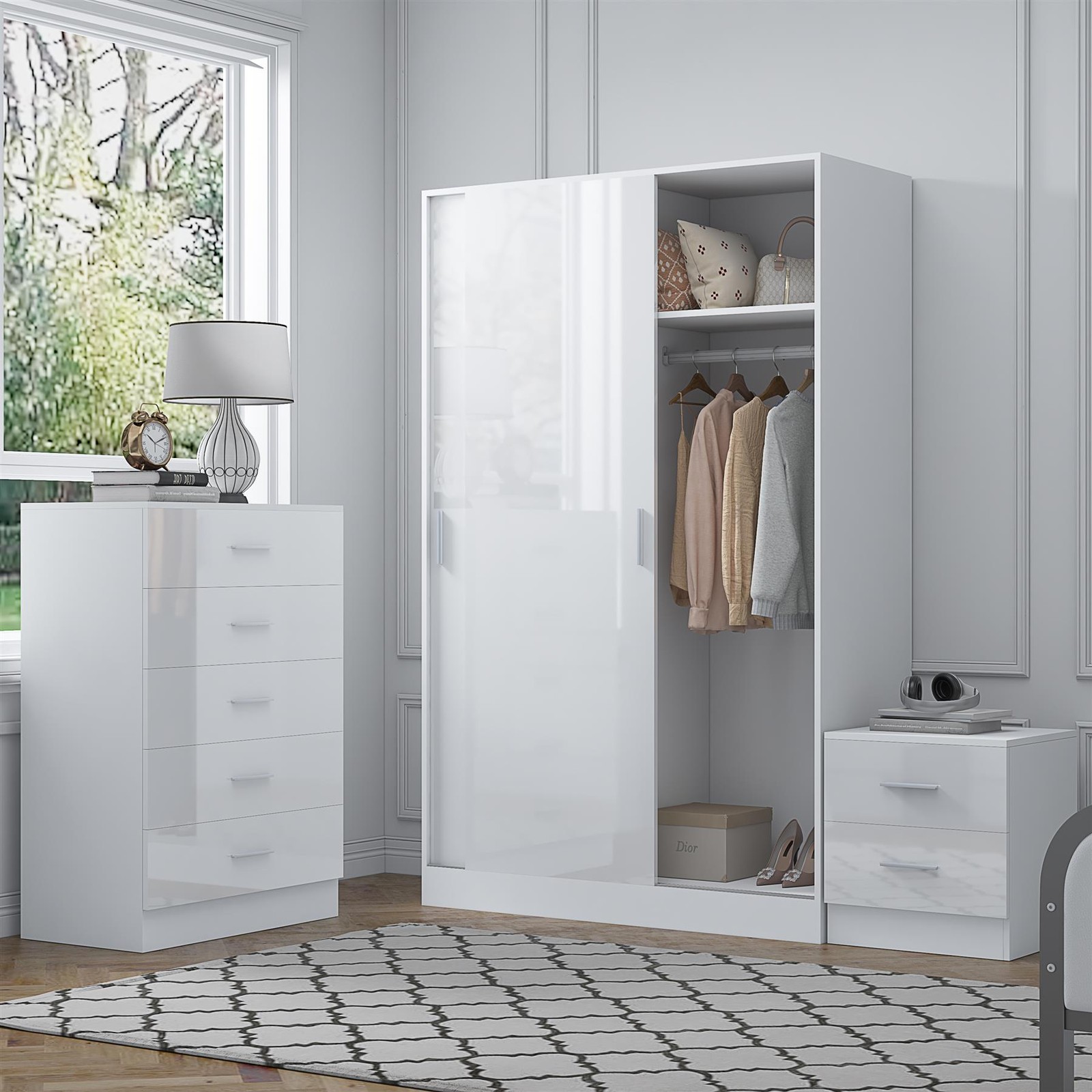REFLECT Bundle - Sliding Wardrobe + Tall Chest + Bedside - White/White