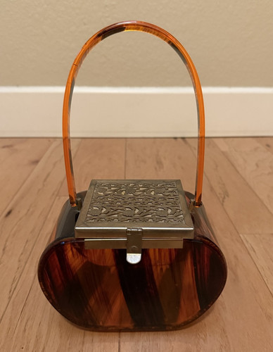 Vintage Tyrolean? 1950s Lucite Box Purse Brown Striped Tortoise MCM Modern