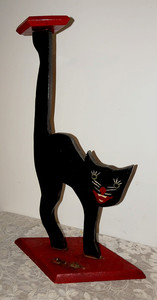 HALLOWEEN Black Cat Ashtray Stand 1920 1930 Wooden Painted Folk Art Primitive