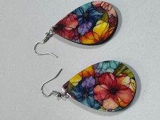 Colorful Floral Teardrop Dangle Earrings,Watercolor Flower Print, MDF Earrings