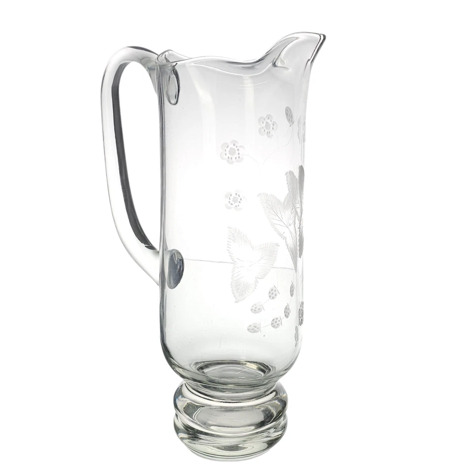 Jarro de cristal gravado vintage folhas de morangos videiras meados do século 12,5” de altura - Imagem 3 de 4