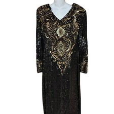 Oleg Cassini Gold and Black Sheath Cocktail Dress with Long Sleeves and V-Neck