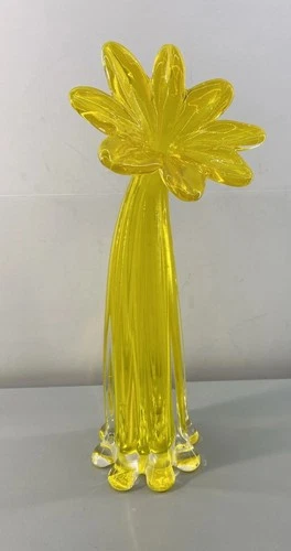 Vtg MURANO Vibrant Daffodil yellow & clear art glass 13.5” Tall Flower Vase