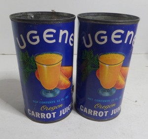 2x Carrot juice Ugene Oregon tin cans vintage