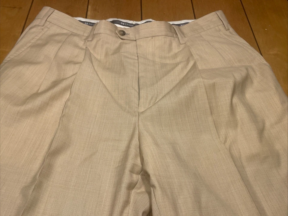 Pantalones de vestir Hickey Freeman para hombre 34 tostados plisados con puños 100 % lana hechos en Italia Foto 4 de 4