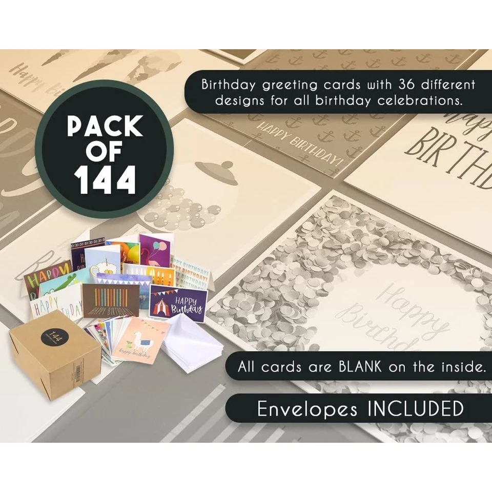 Paquete de 144 tarjetas de feliz cumpleaños en 36 diseños, interior en blanco con sobres, 4x6 pulgadas Foto 3 de 4