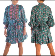 FEATHER & FIND Women Dress Sz S Hamsa Hand Teal Pink Button Front Mini Shirt