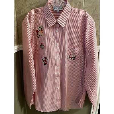 Las Olas Embroidered Christmas Santa Button Shirt Women's L Red Stripes Holiday