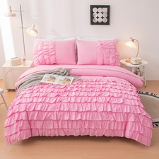 Pink Comforter Set Twin, 5-Piece Bed in a Bag Twin for Teen Girls, Pink Ruffl...