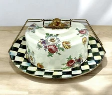Mackenzie-Childs Courtly Check Camp White Floral Market Cake Carrier New Vintage