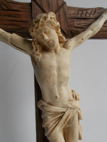 Large Black Forest Altar Crucifix Christ Cut Engraved Wood Plaster 19th C