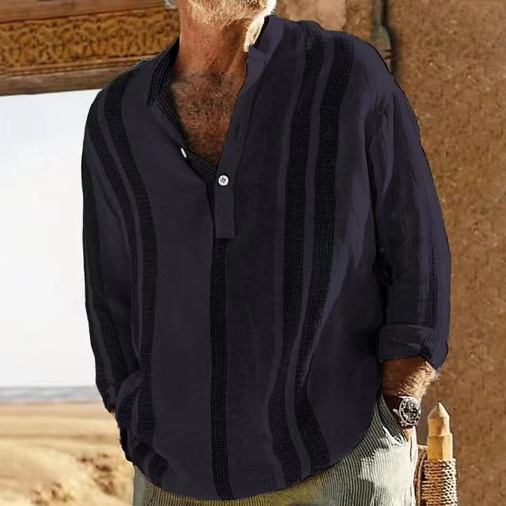 Hombre Holgado Manga Larga Camisetas de Pie Cuello Camisa de Rayas Blusa Top ； "