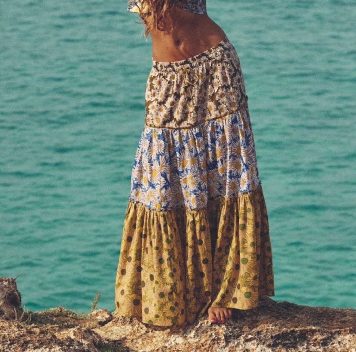 Zara Daisy Tiered Maxi Skirt and Crop Top Set Cotton Women's XS