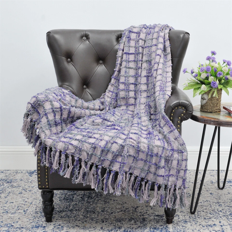 Manta Boho con Borlas Decorativas Multicolor Chenilla Tejida a Cuadros Foto 3 de 4