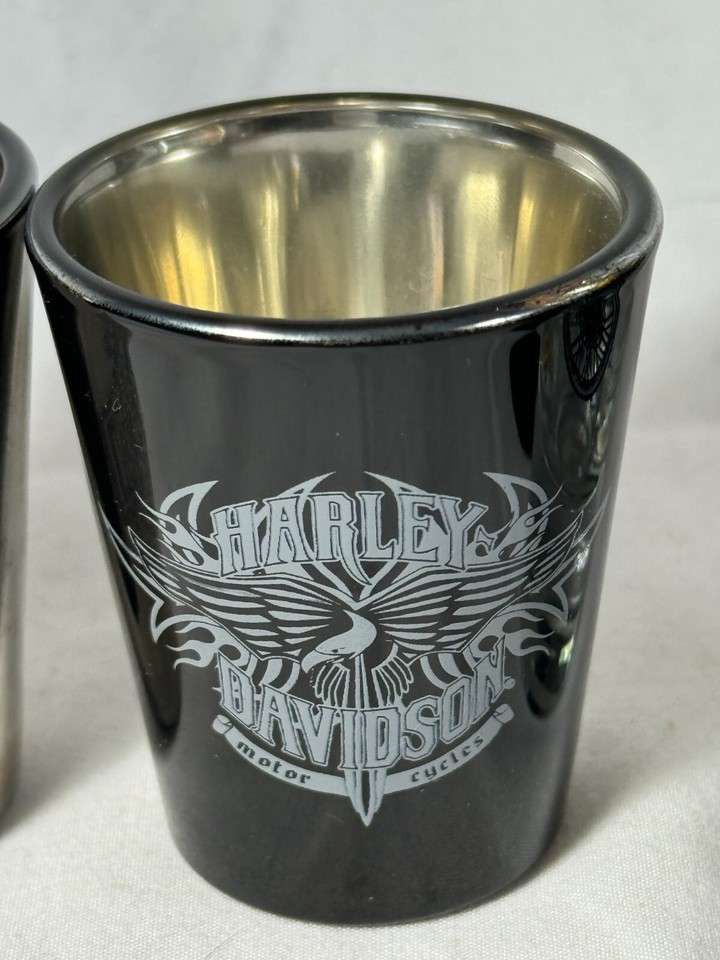 4 HARLEY DAVIDSON MOTORCYCLE SHOT GLASSES LAS VEGAS CHROME GLASS FREE