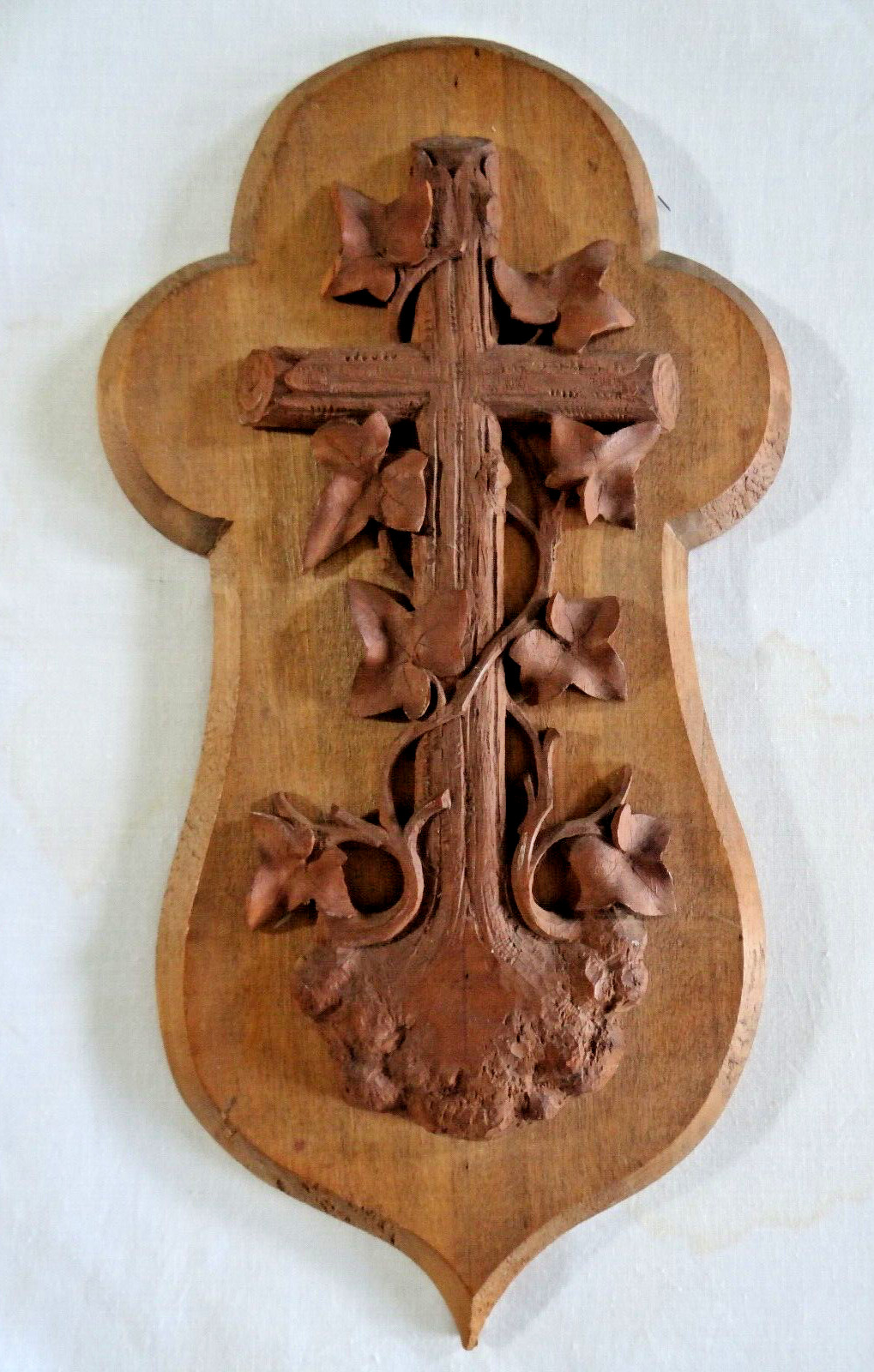 Antique Hand Carved Wood Folk Art Cross Ivy Leaf Incredible Wall Decor OOAK