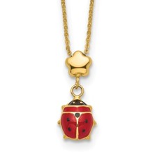 14k Yellow Gold Enameled Flower with Ladybug Pendant Necklace 16.5" 1.16gm