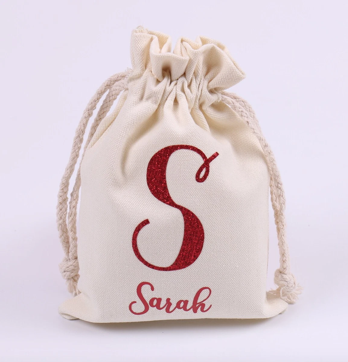 Personalized Canvas Pouch Drawstring Bag Your Initial and Name Glitter Monogram