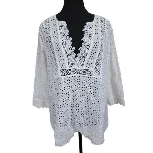J Jill Womens White Eylette Lace Shirt Size Large Petite Bohemian Cottagecore