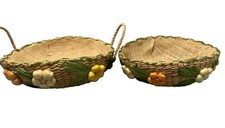 Handwoven Floral Straw Baskets with Handles  Bright Accents 70s