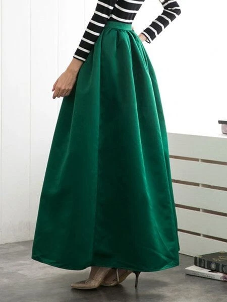 Falda Larga Verde Tafetán Plisada Bolsillos Laterales Noche Cualquier Ocasión Regalo para Ella Foto 3 de 4