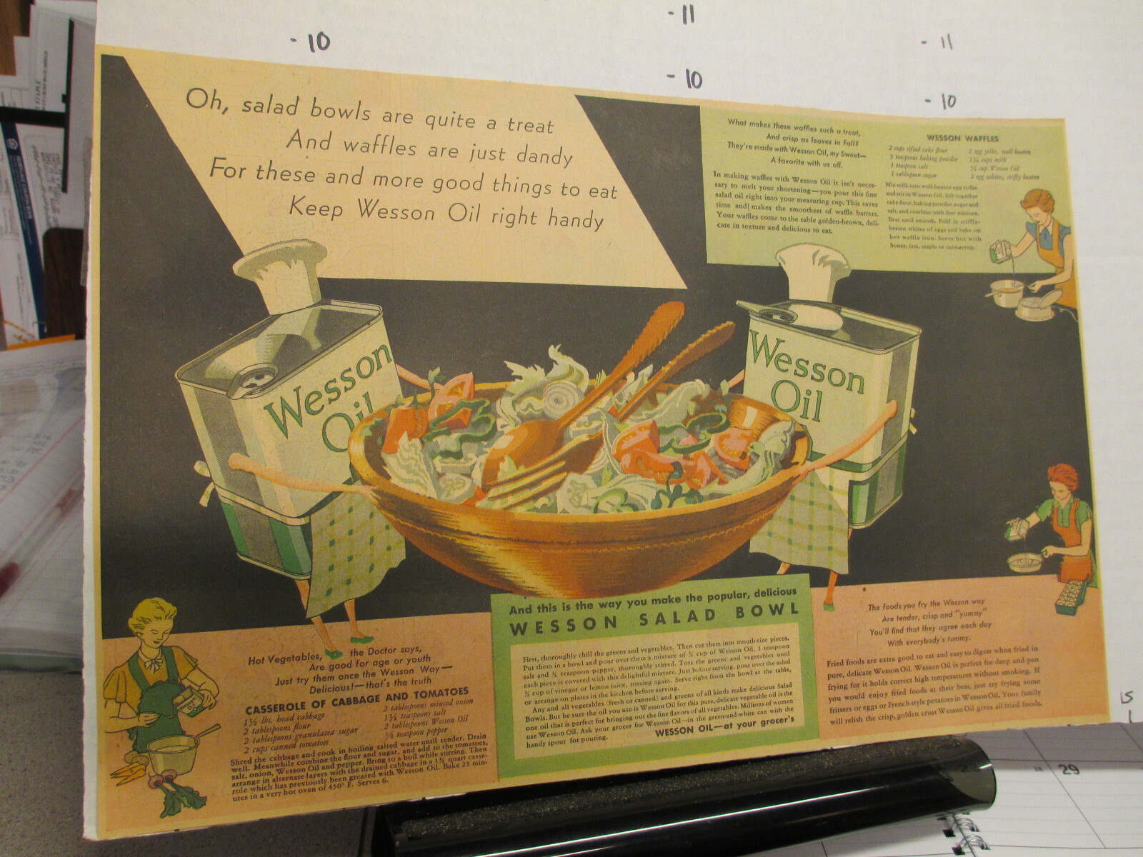 newspaper ad premium 1930s WESSON cooking oil can people salad bowl recipe comic