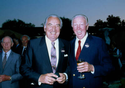 Former tennis players Fred Perry of Great Britain and Don Budge o - Old Photo