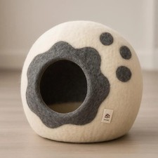 Paw Print Felt Cat Cave Wool Cat Bed Handmade Cat House White Grey