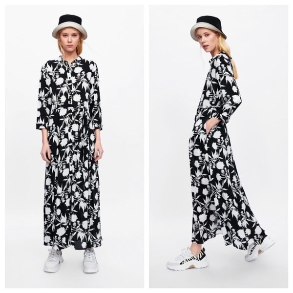 Zara Size M Black White Floral Maxi Shirt Dress Tie Waist Boho Long Flower Flow