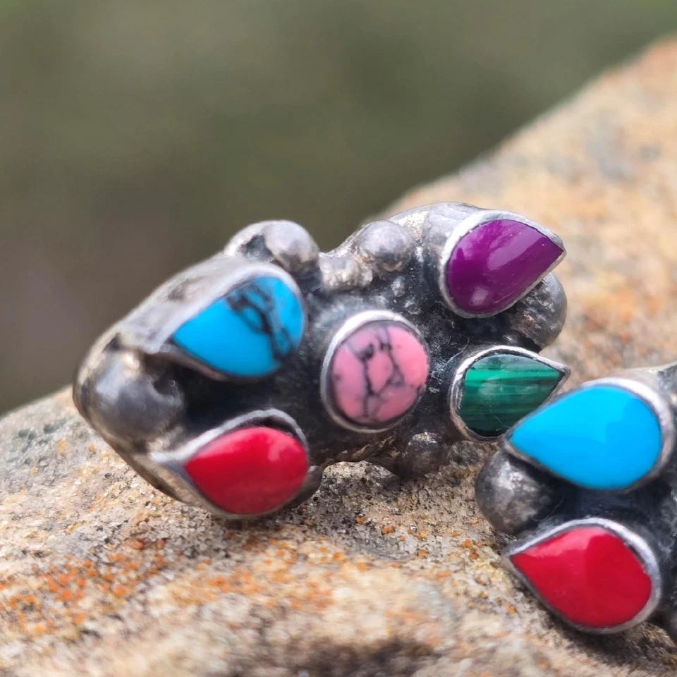 Винтажные серьги Taxco из чистого серебра с несколькими драгоценными камнями юго-запад Мексики - Изображение 4 из 4