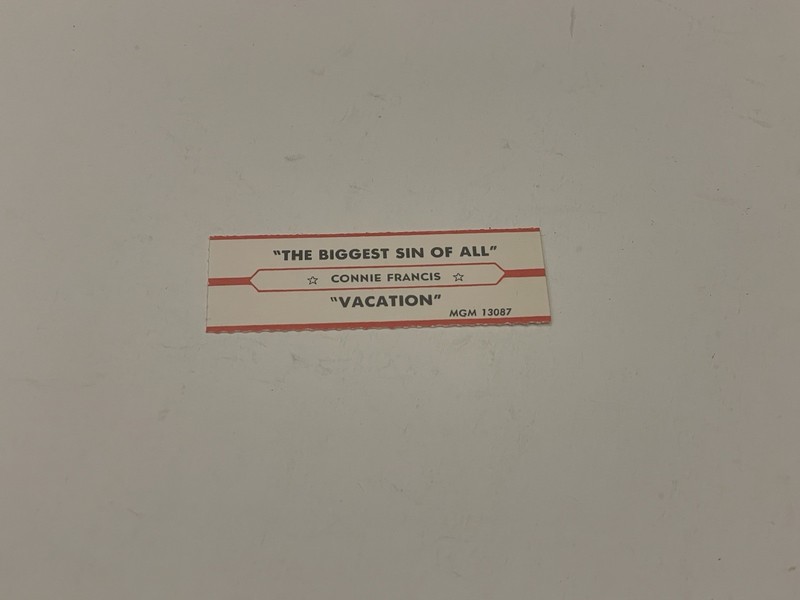 Jukebox Title Strip Connie Francis Biggest Sin Of All Vacation MGM 13087