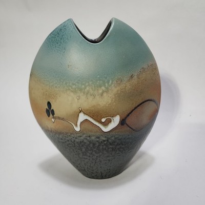 Loren Lukens Pottery Vase Browns Blues Grays Signed Beautiful Glaze Fired