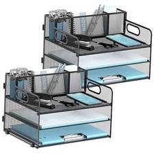 3-Tier Paper Letter Tray Organizer with Pen Holder, Mesh Desk 2 Pack Black