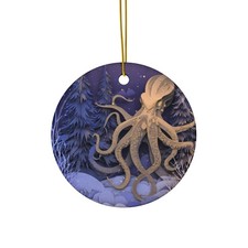 Octopus in Snowy Pines Ceramic Ornament  Round Holiday Decoration