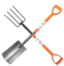 Rolson Carbon Steel Digging Spade and Fork Set Orange Plastic Handle Garden