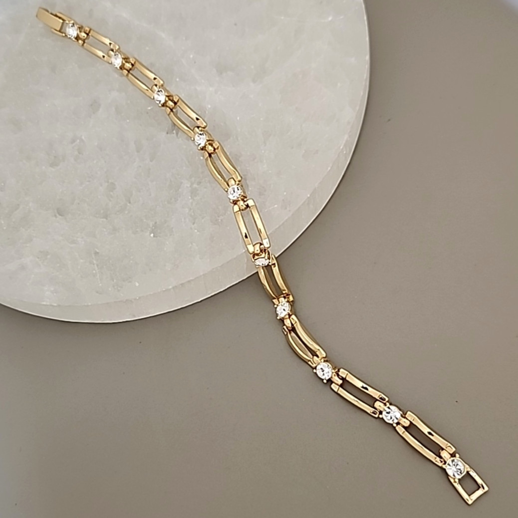 Rhinestone Chain Bracelet Rectangle Linked Gold T… - image 1
