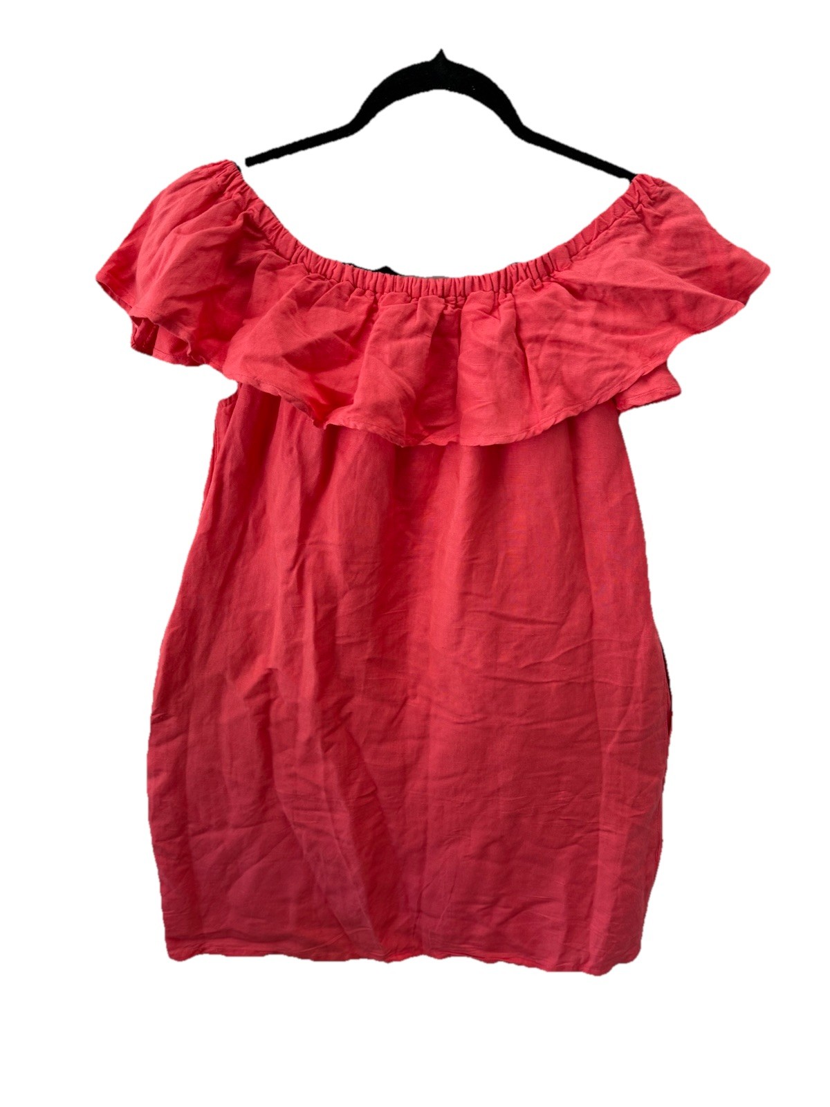 Tommy Bahama Coral Pink Linen Off the Shoulder Ruffle Mini Dress with Pockets S