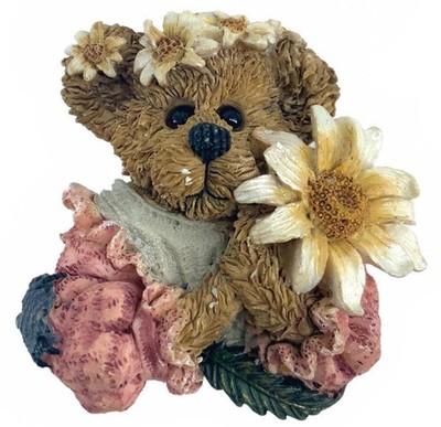 Vintage Resin Teddy Bear Cottagecore Brooch Brown Pink Floral Daisy Pin