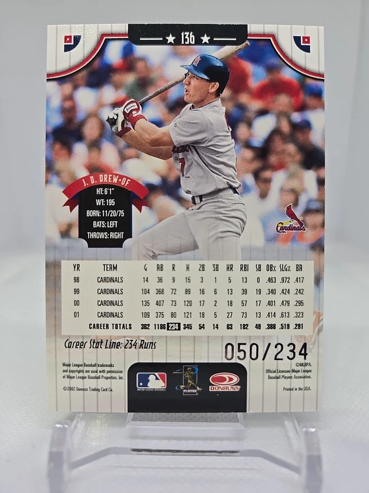2002 Donruss J.D. Drew 50/234 Career Stat Line #136 St. Louis Cardinals  - Image 2 of 2